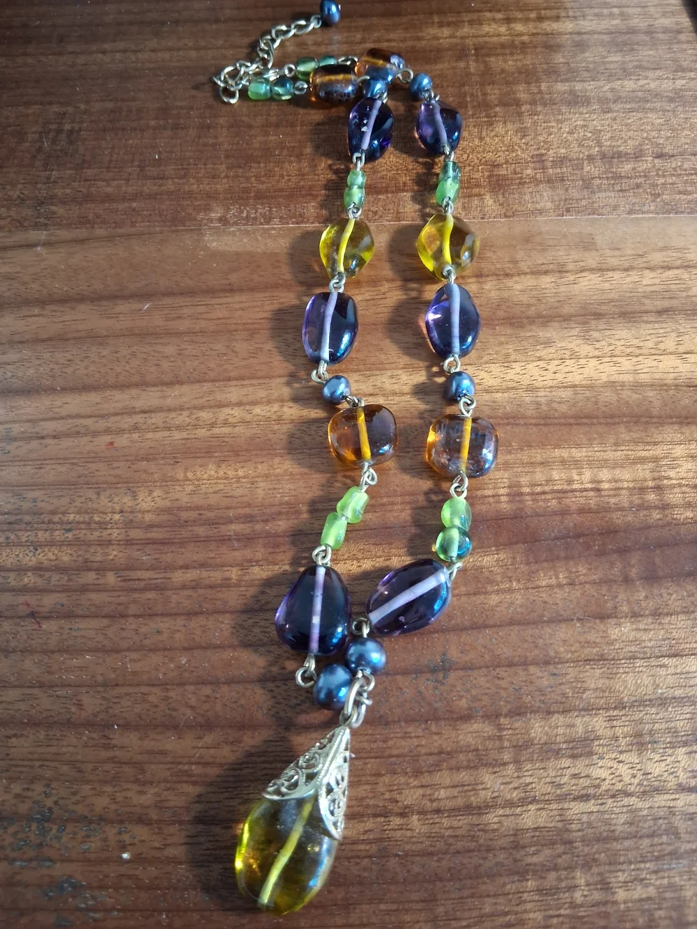 Multicolor Glass Bead Pendant Necklace - Elegant Yellow, Purple & Green